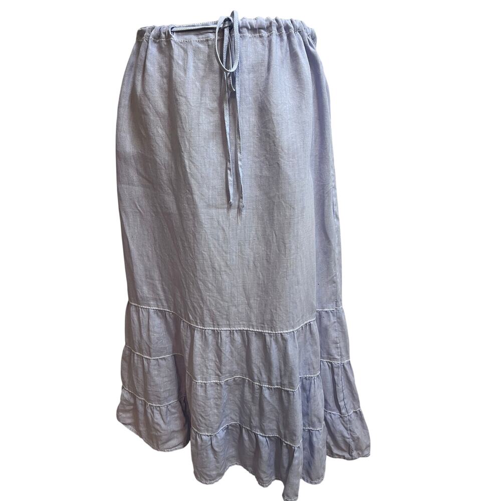 Merona 100% Linen Powder Blue Tiered Midi Skirt Drawstring Waist Size 8